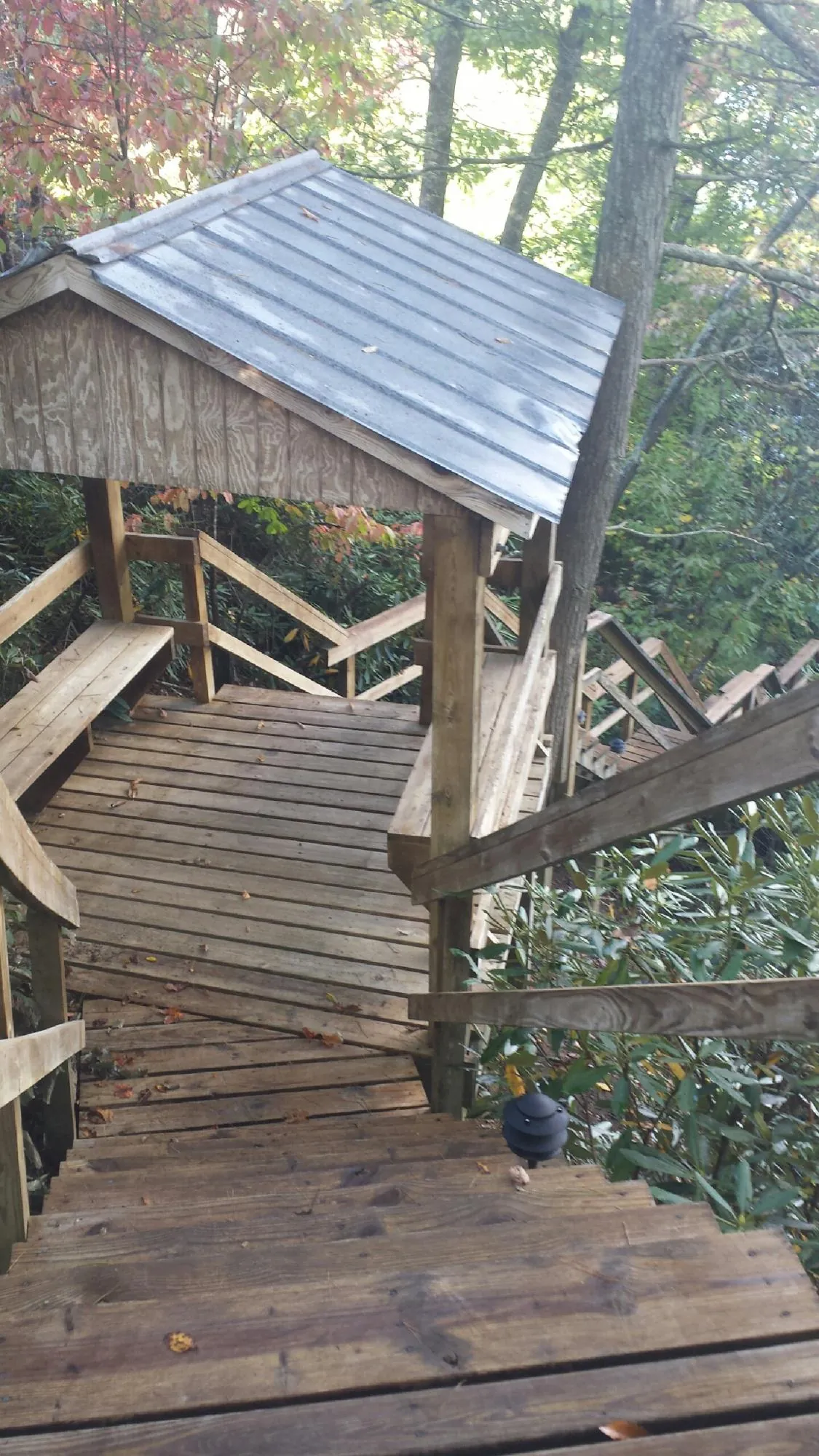 Metal roofed shelter over wooden steps on a wooded walkway — Skylight Repair & Installation work by our crew in Slingerlands